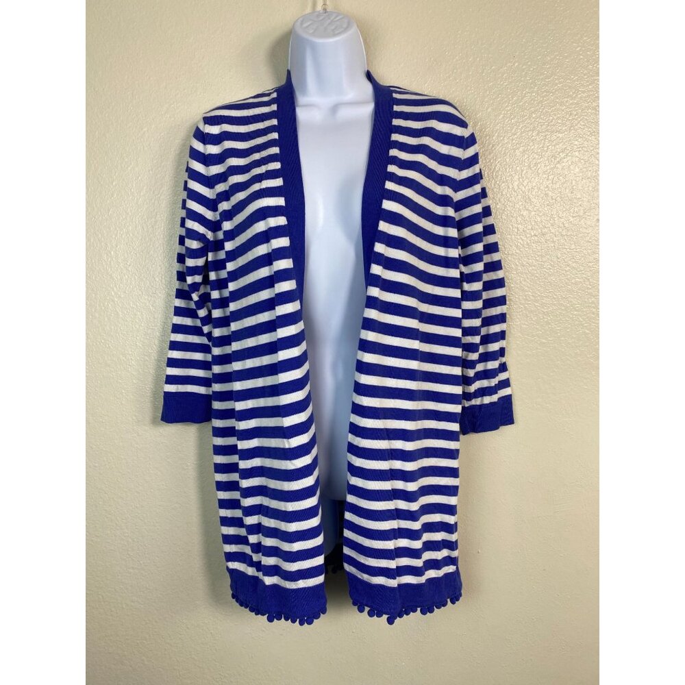 Talbots Cardigan sweater size Large Blue White Striped Tencel Cotton Pom-Pom Nau